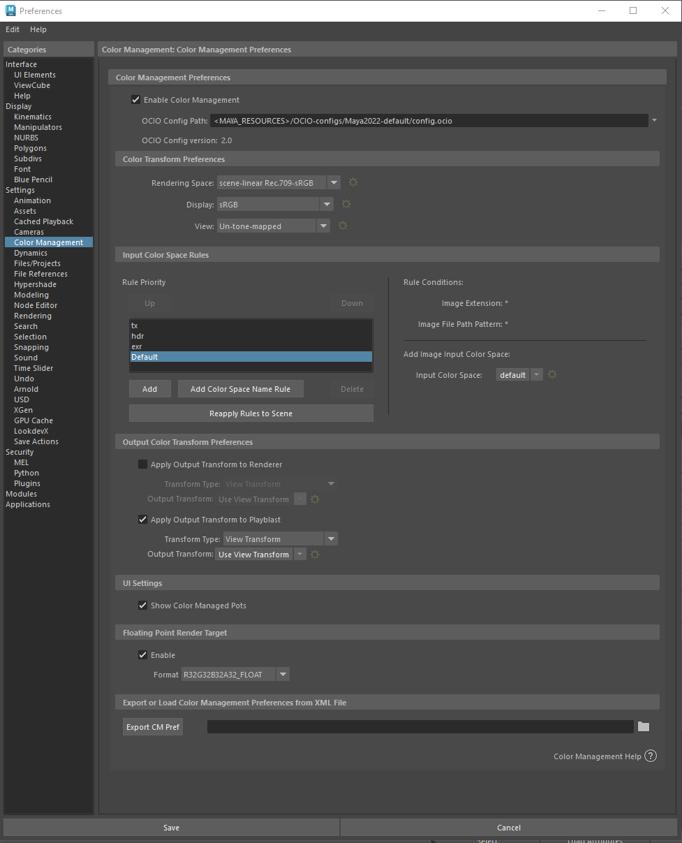Maya Color Management preferences
