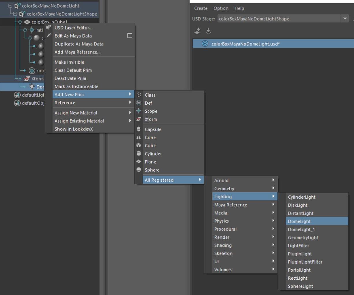 Maya USD Layer Editor — Add New Prim menu