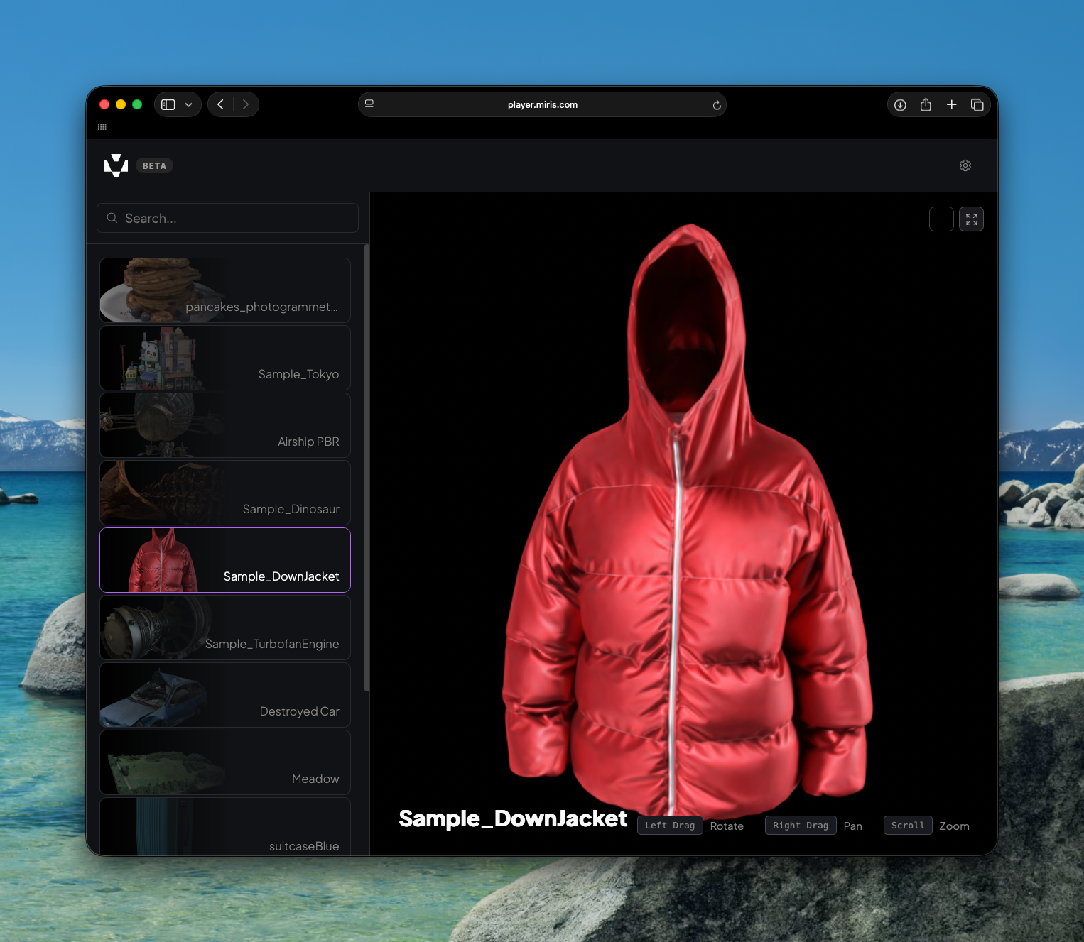 Miris Player showing a 3D asset with the asset list panel on the left