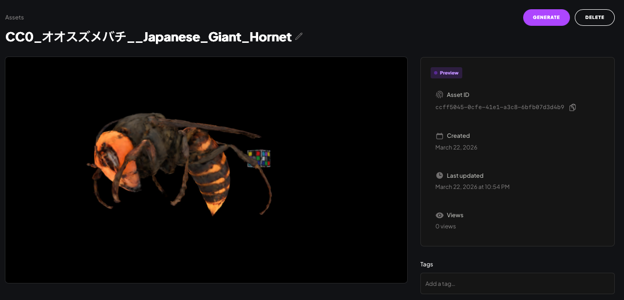 Asset details page showing the 3D viewport with Preview status