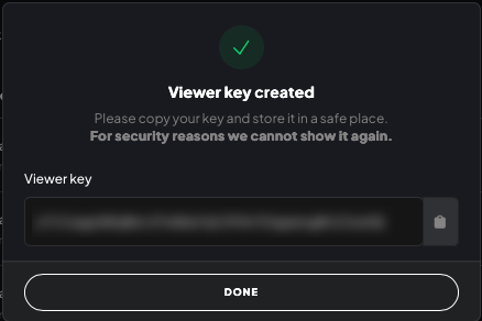 Viewer key created modal showing the API key