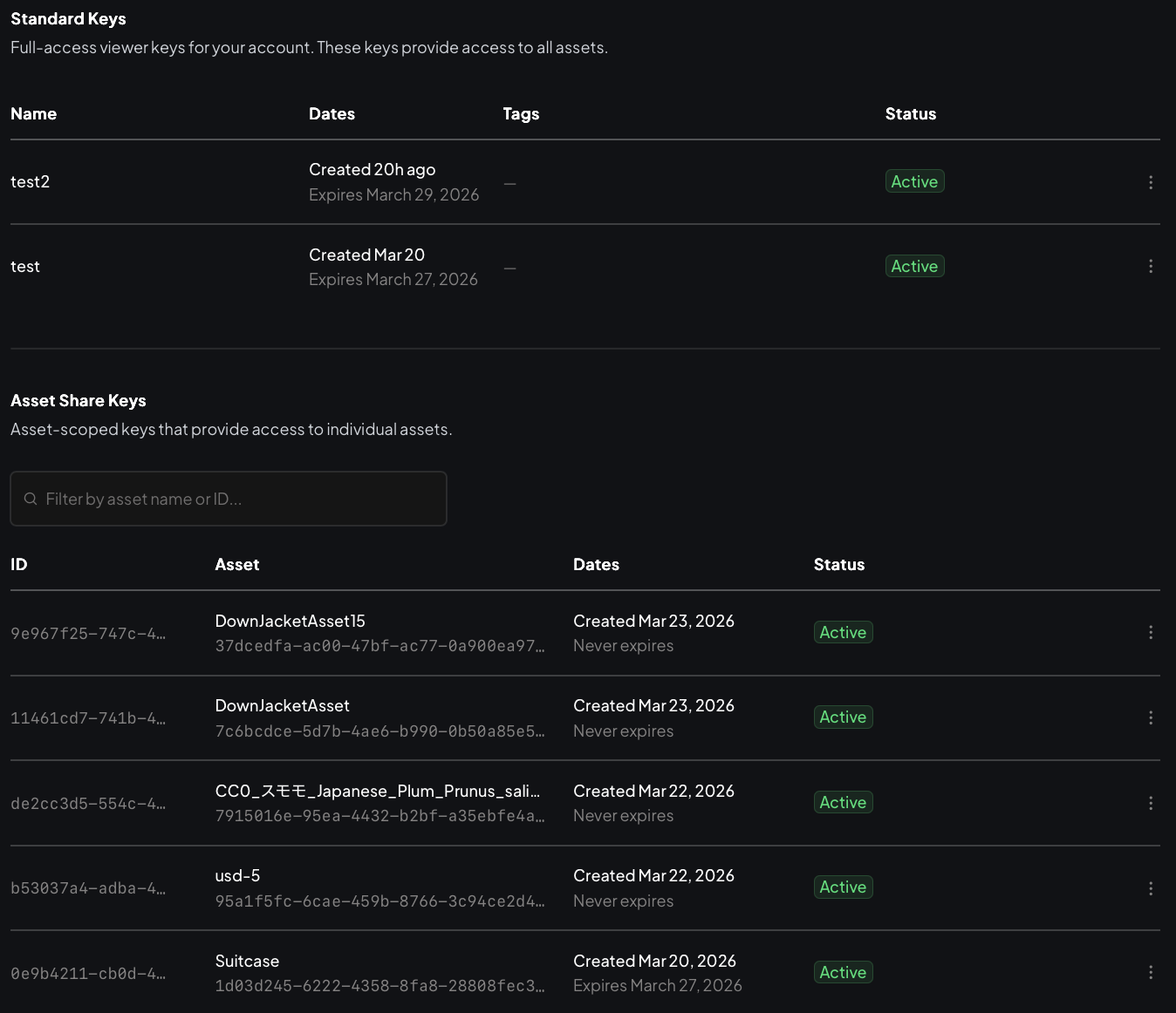 Viewer keys page showing Standard Keys and Asset Share Keys