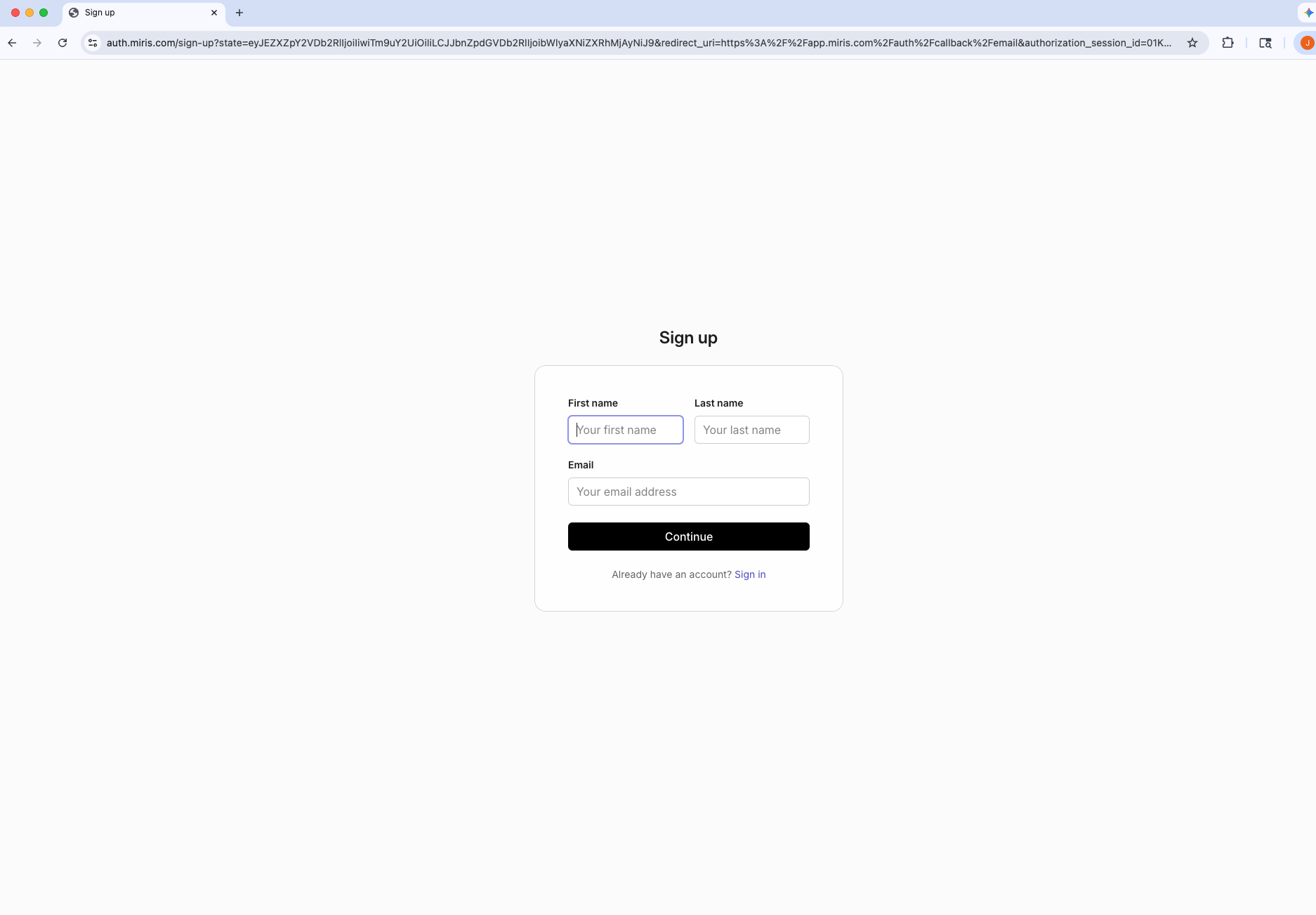 Sign up form with first name, last name, and email fields